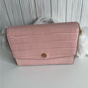 Tory Burch Elegant Pink Crocodile-Embossed Women's Bag with Gold Chain NEW